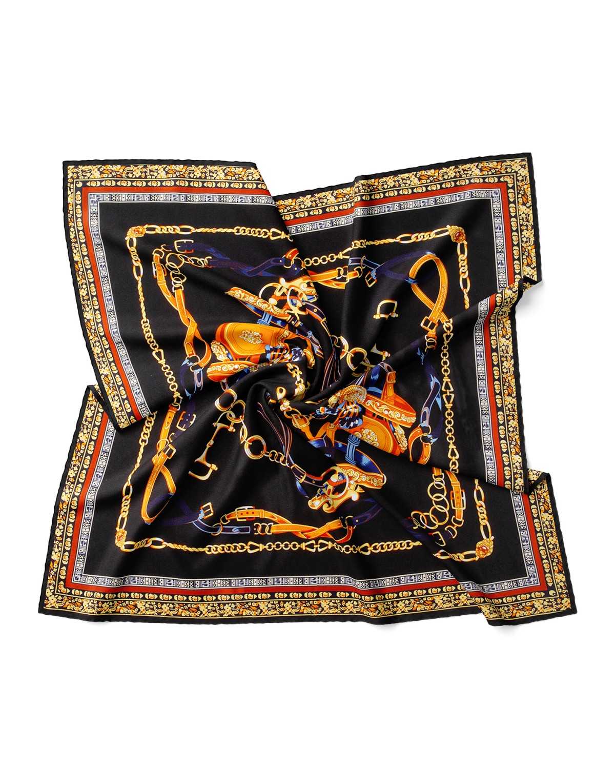 A luxurious black and gold silk scarf featuring elegant chains pattern.