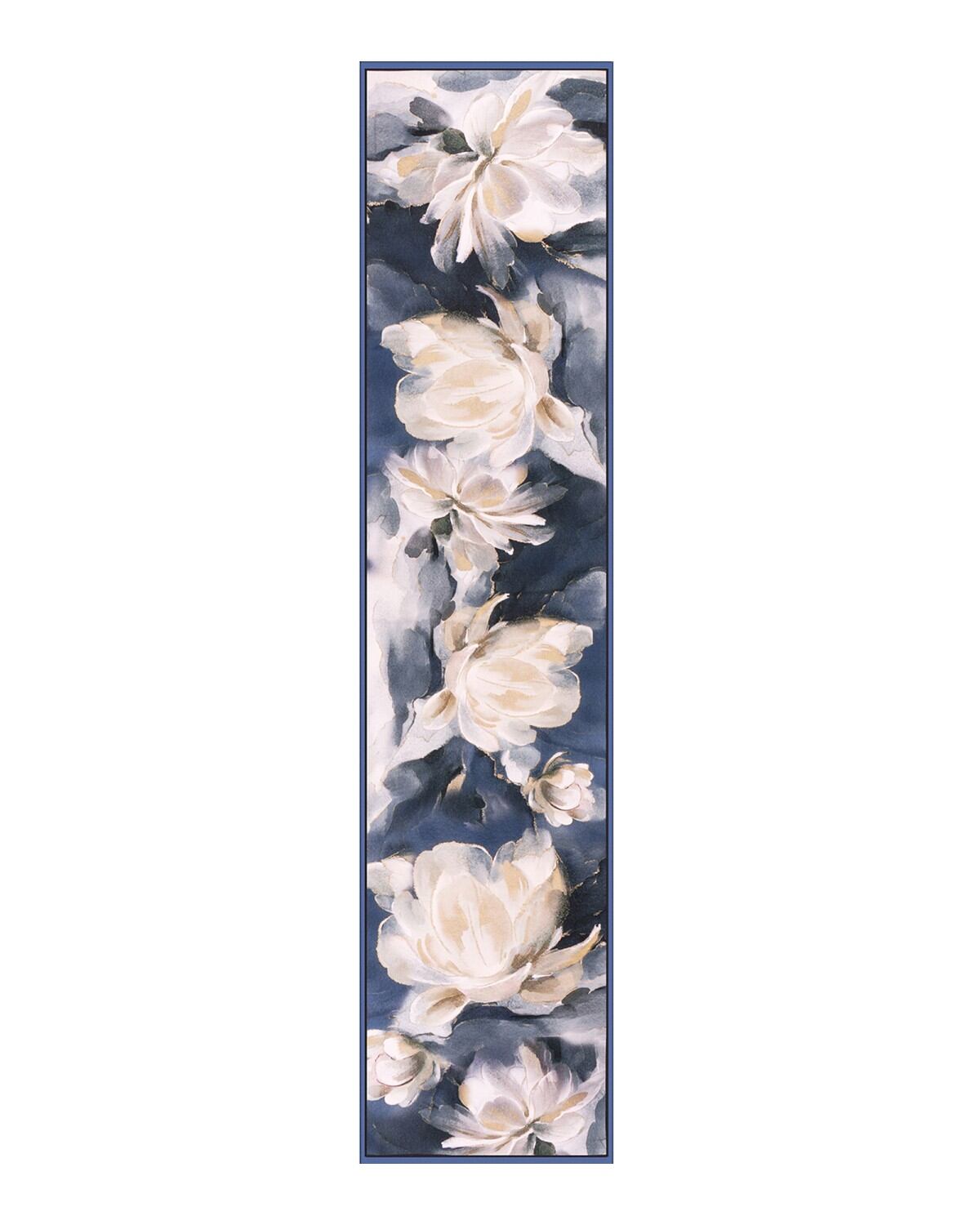 Rectangular silk scarf featuring a blue and white floral pattern set against a blue background.