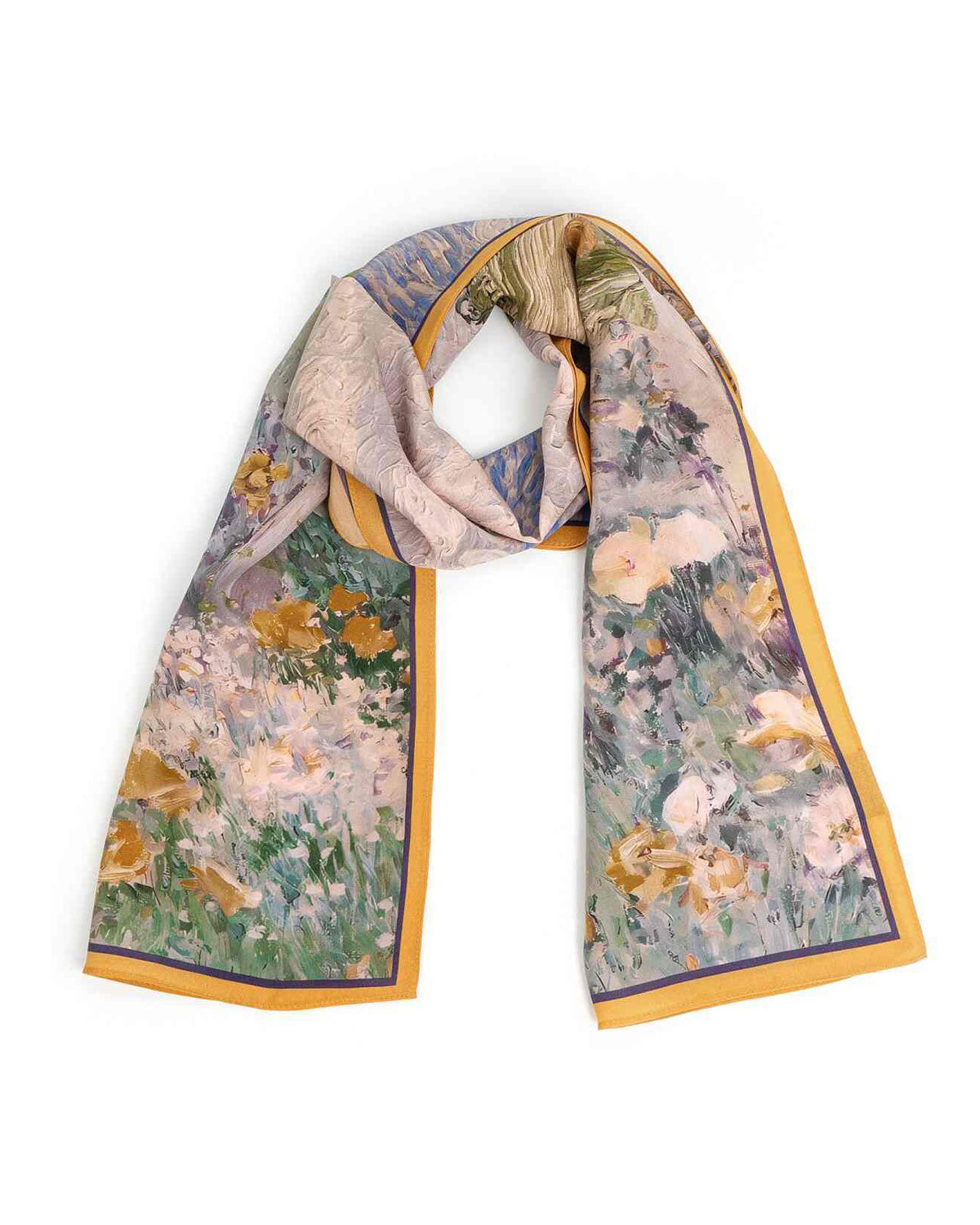 A rectangular silk scarf adorned with vibrant flowers and delicate butterflies, showcasing elegance and nature's beauty.