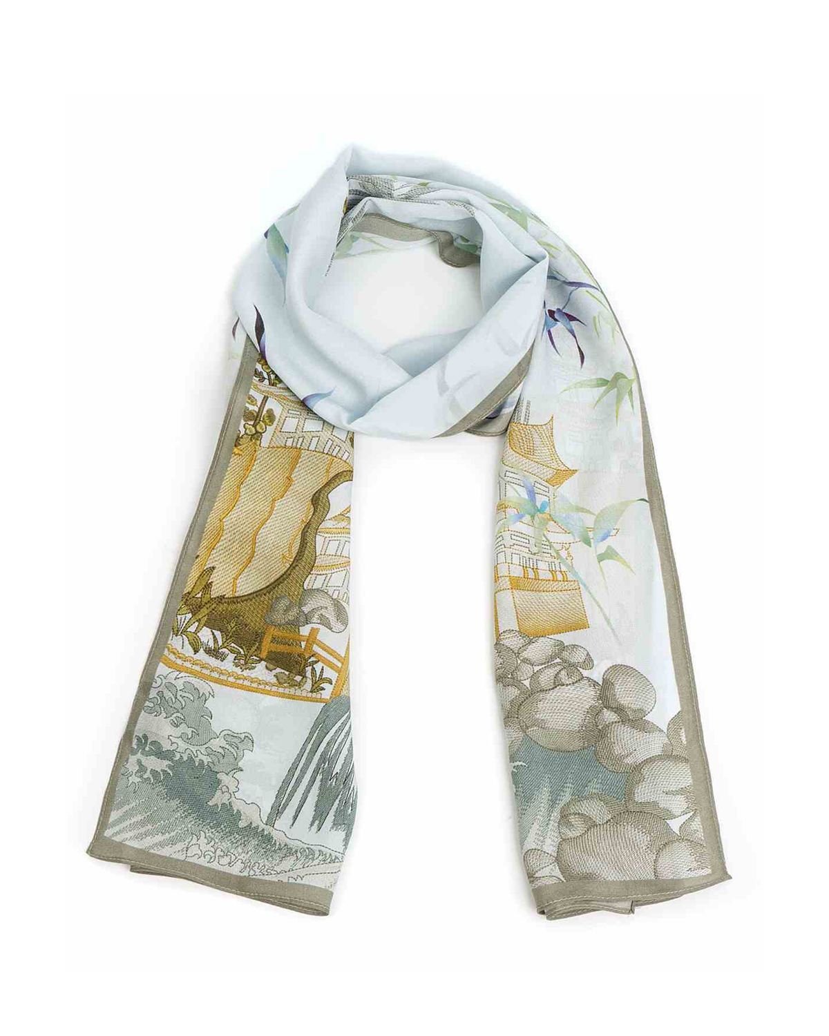 A rectangular silk scarf featuring a landscape ink painting on a white background.