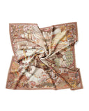 A beautifully designed silk scarf displaying a city scene in a Chinese painting style, merging elegance with cultural artistry, elegantly displayed against a white background.